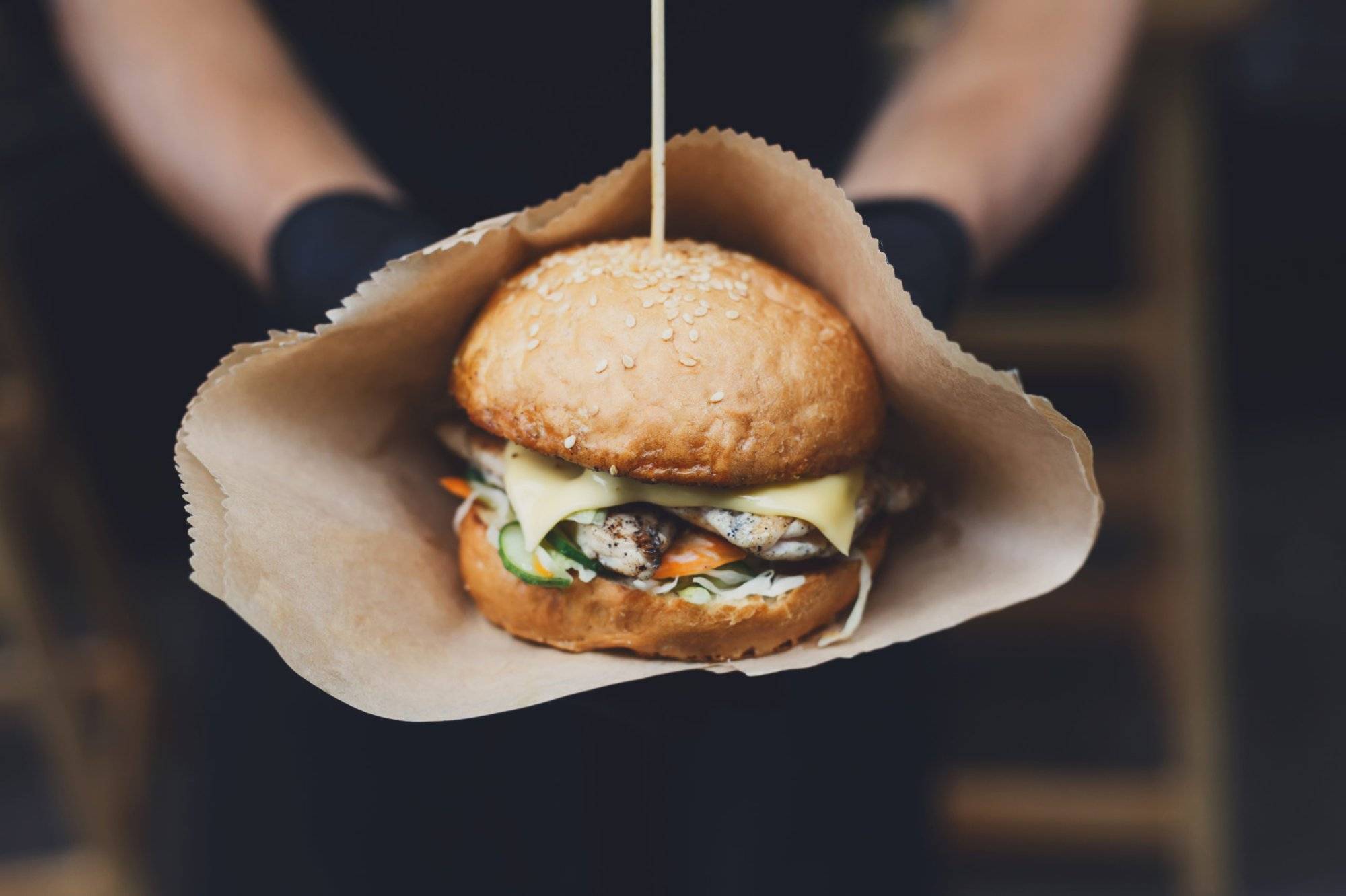 Street fast food, hamburger with bbq grilled steak